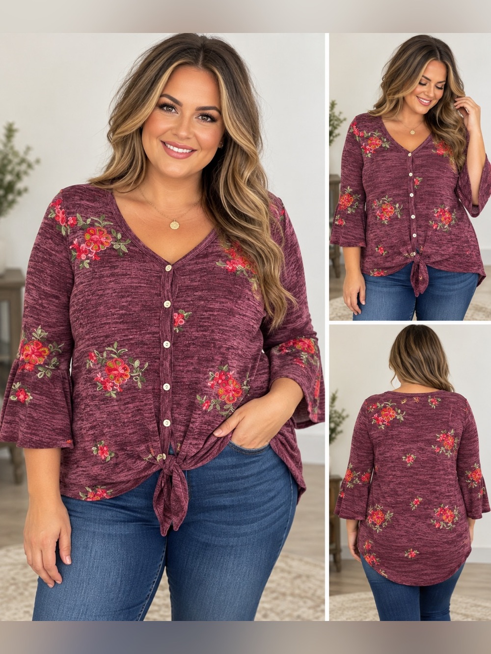 Fig & Flower Womenβs 1X Burgundy Floral Embroidered Tie Front Bell Sleeve Top